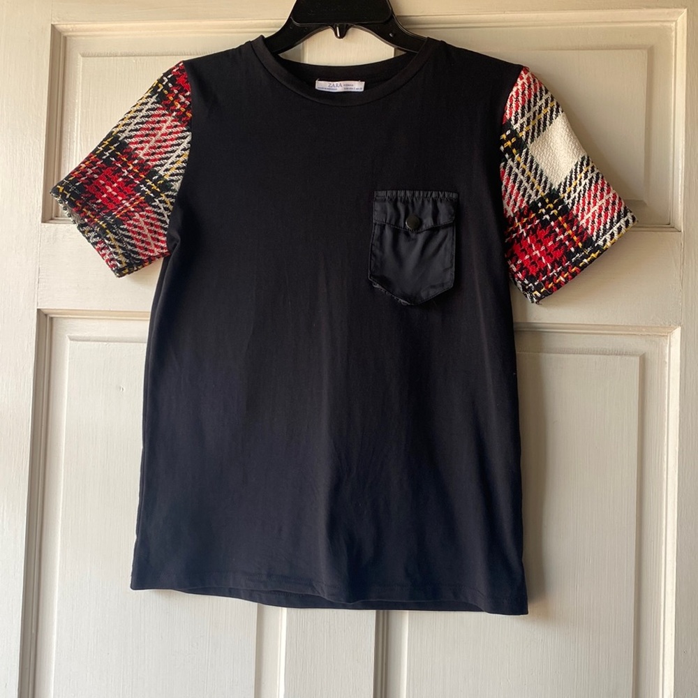 Zara Black Multi Color Wool Sleeves Pocket Tee Shirt Size S